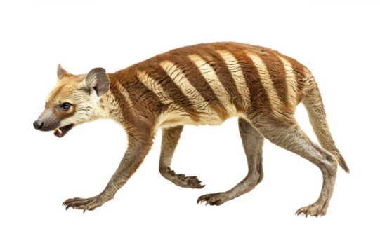 Highly detailed image of a small wild feline predator with striped fur and long slender body walking on a white background, showcasing its features and agile posture