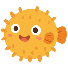 Fototapeta premium Adorable round yellow pufferfish cartoon with spines, big eyes and cheerful expression in a flat vector marine style illustration.
