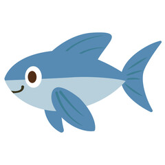 A cute blue fish illustration with fins and tail, designed in a cartoon style, representing a freshwater species swimming in nature.