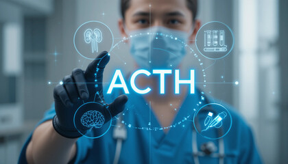 Doctor using virtual touch screen push text ACTH. ACTH or Adrenocorticotropic Hormone Innovation Medical Concepts