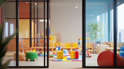 Bright, colorful children's playroom visible through glass doors