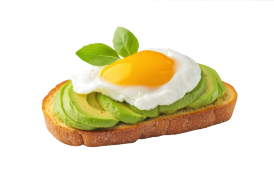 Delicious toasted bread with creamy avocado sliced and topped with fried sunny side up egg and fresh green basil leaves for healthy breakfast or snack