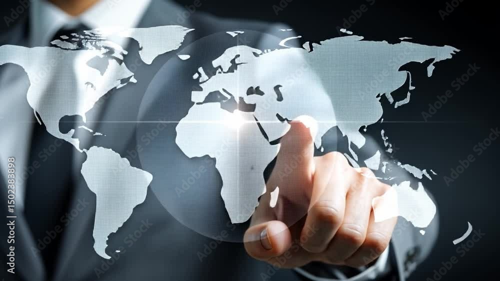 Poster global reach: a business professional in suit points to a world map interface symbolizing global bus