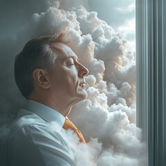 Man meditating by window, clouds