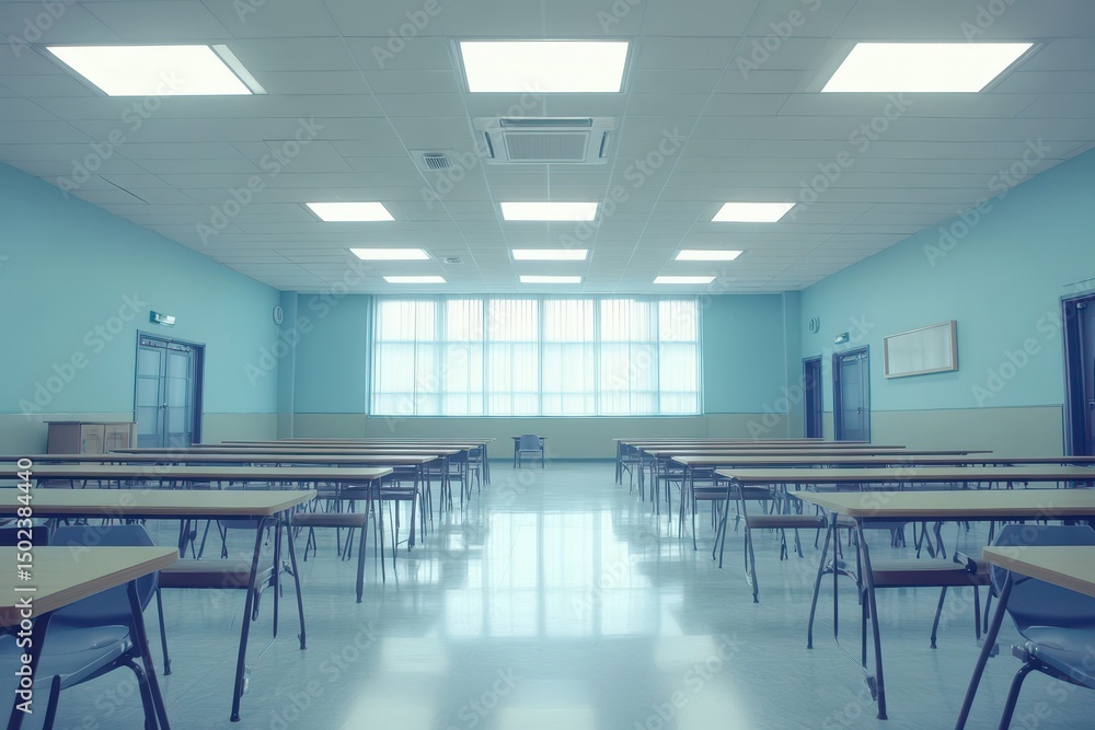Poster brightly lit empty classroom with rows of desks and large windows overlooking a quiet space, the bri