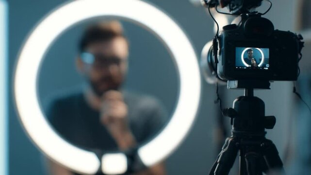 Lights, Camera, Content Creator: An influencer sets up for their daily content creation session, the glowing ring light casting a vibrant halo, while the camera records in real-time.