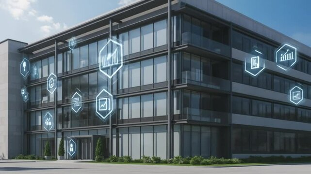 Exterior view of a modern office building with digital icons overlaid on the glass windows facade