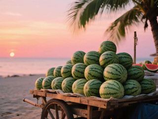 Fototapeta premium Summer Twilight's Beachside Watermelon Stall: Wood - built Cart Laden with Watermelons, Sun's Warm Light on Rippled Skins