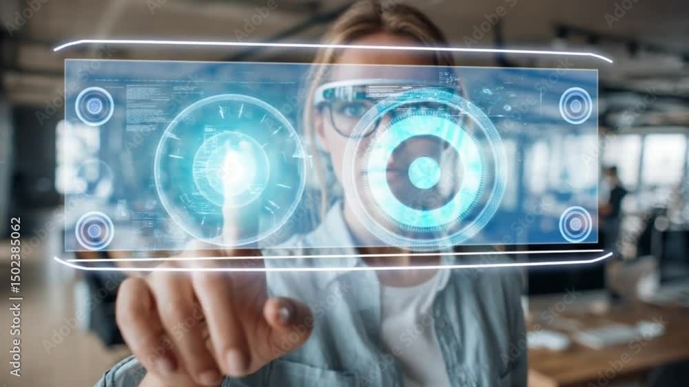 Poster tech interaction: a focused individual interacts with an advanced technological interface, a symbol 