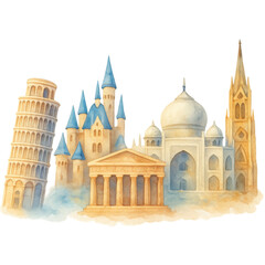 Fototapeta premium Famous landmarks watercolor painting with leaning tower, castle, temple, mosque, and cathedral in soft colors and dreamy style