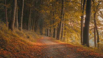 Naklejka premium Tranquil Autumn Morning Along a Leaf-Covered Trail Winding Through a Canopy of Gold