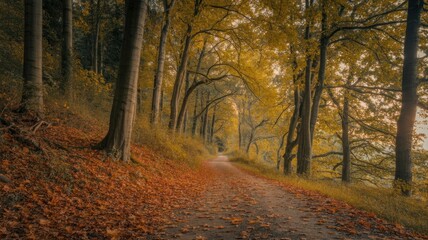 Obraz premium A Scenic Woodland Path Draped in Fall Colors, Leading Into the Depths of a Glowing Forest
