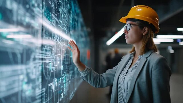 Woman Architect Interacting with Futuristic Display: A focused architect in a hardhat, clad in a professional grey suit, engages with a holographic display, visualizing blueprints and data