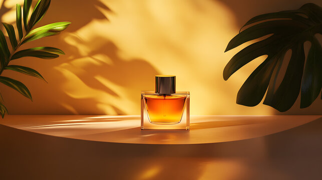 Vintage inspired perfume bottle sits elegantly on curved surface, surrounded by tropical leaves and warm, moody lighting