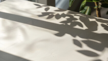 sunlight casts abstract shadows of leaves and window frame onto blank texture table