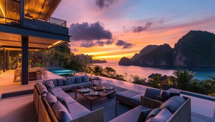 Fototapeta premium Luxurious outdoor living area overlooking a stunning sunset