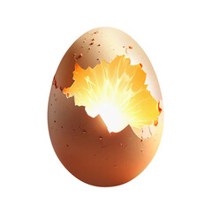 Glowing Cracked Egg With Radiant Golden Core. Egg broken isolated on white background.
