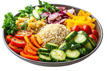 Fresh healthy vegetable salad in a black bowl with quinoa cherry tomatoes cucumbers carrots red onions yellow bell peppers greens and herbs for nutritious meal