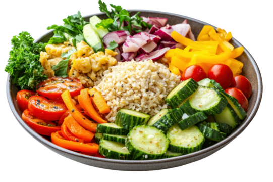 Fresh healthy vegetable salad in a black bowl with quinoa cherry tomatoes cucumbers carrots red onions yellow bell peppers greens and herbs for nutritious meal