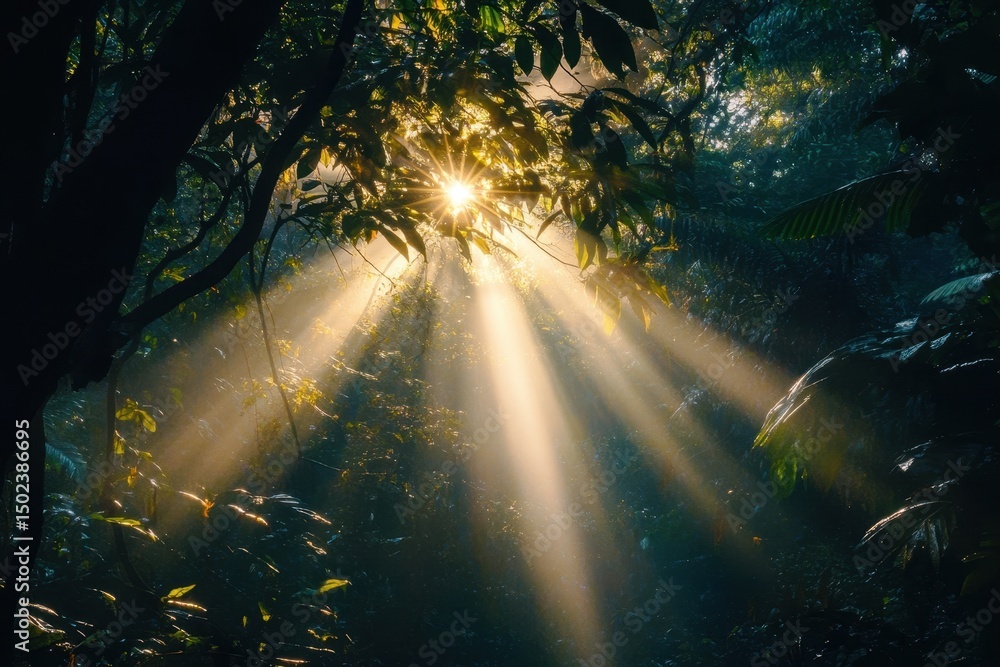 Poster sunlight filters through branches creating a mystical glow in the heart of the forest, sun light and