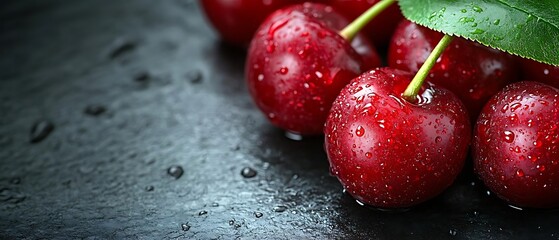 Juicy cherries on dark surface. Food blog