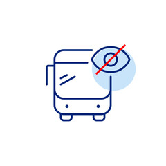 Vector icon of bus with crossed-out eye, symbolizing hidden route, invisible tracking, or privacy mode. Ideal for transportation apps, navigation systems, and privacy settings