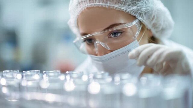 Pharmaceutical Precision: A focused pharmacist meticulously inspects vials in a laboratory setting, ensuring quality and precision. Her concentration embodies pharmaceutical quality assurance.