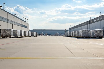 Modern industrial airport cargo facility with loading area and freight containers