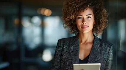 Confident Businesswoman Holding Tablet in Modern Office Space