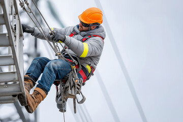 technician worker climbing ladder for inspect or maintenance machine in high voltage electric transformer sub station