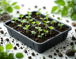 Seedlings Growing in Tray with Soil, Starting Garden Plants
