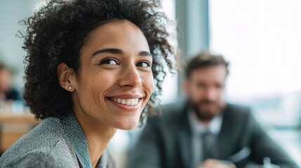 Professional Woman Smiling at Male Coworker in Office Setting