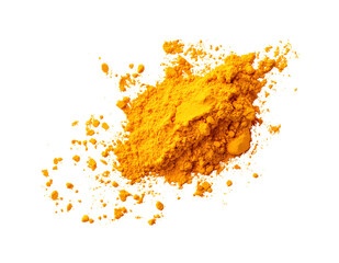 Top view Turmeric powder pile scattered isolated on white background, flying , png
