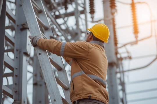  technician worker climbing ladder for inspect or maintenance machine in high voltage electric transformer sub station