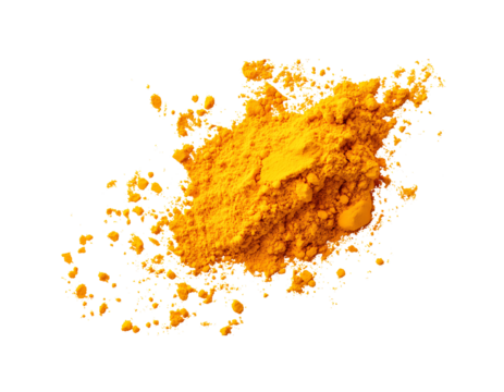 Top view Turmeric powder pile scattered isolated on white background, flying , png