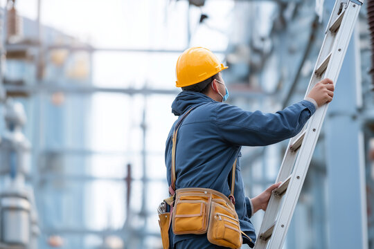  technician worker climbing ladder for inspect or maintenance machine in high voltage electric transformer sub station