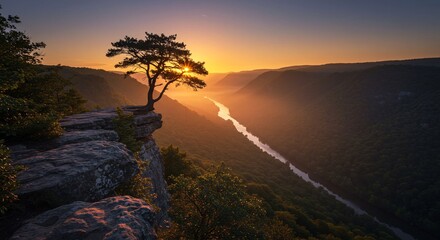 Stunning sunrise over a river valley with a lone tree perched on a rocky cliff edge creating a serene landscape