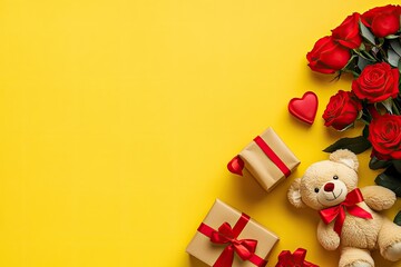 Bright yellow background with red roses, gifts, and teddy bear.  Romantic, celebratory, and festive corner composition