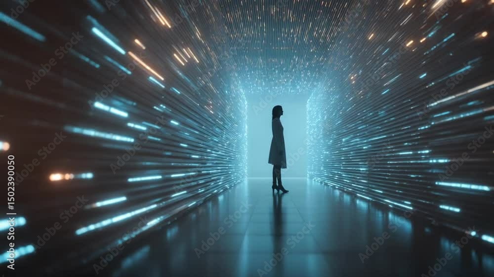 Aufkleber digital pathway: a solitary figure stands poised within a luminous digital tunnel, a realm of interc