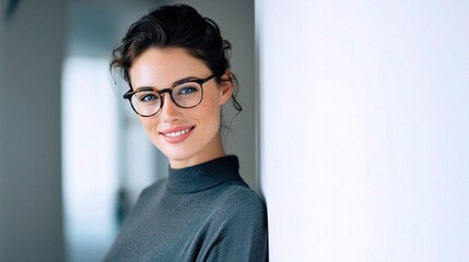 Professional Woman Smiling Wearing Eyeglasses in Modern Office
