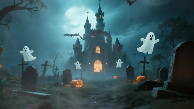 Halloween ghost flying bats scary house castle a full moon in the dark night mist Illustration of halloween background halloween night scene with castle