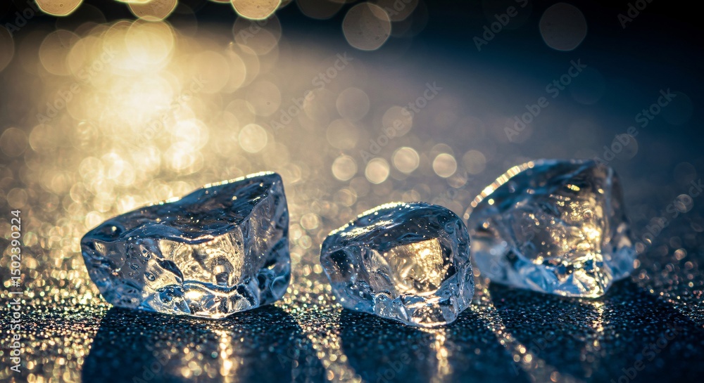 Poster three ice cubes glisten on a sparkling surface with blurred bokeh lights background, creating a cold