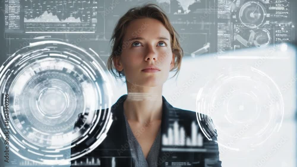 Poster digital visionary: a determined woman gazes intently towards a futuristic digital interface, surroun