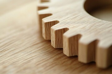 Warm wooden gears with soft textures, showcasing natural wood grain and a close-up view of intricate craftsmanship and mechanical detail