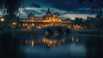 Obraz premium Grand estate at dusk, reflected in still water