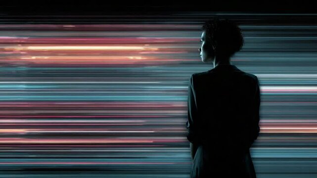 Silhouette in Motion: A contemplative silhouette of a person stands amidst a dynamic backdrop of light trails, symbolizing journey and anticipation of future endeavors.