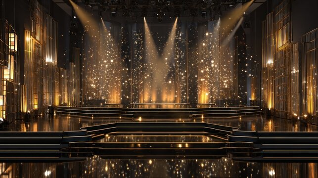 Grand, elegant stage design with golden sparkle