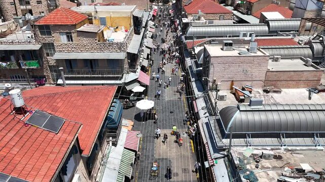 Jerusalems Mahane Yehuda market houses rooftops, Aerial view