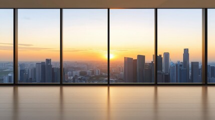Empty modern room with large windows overlooking city at sunset