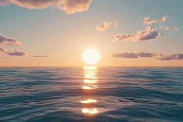 Beautiful sunset over calm sea with golden reflections and soft clouds in the sky, sun and sea sunset background seamless overlay virtual Photo background